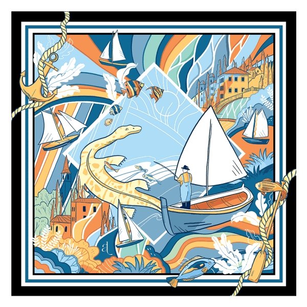 Foulard Pur Soie - Lariosaurus Azur 70x70 - Maison d'exception boutique