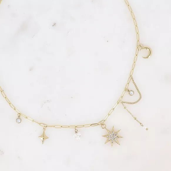 Collier Adrienne - pierres naturelles, cristaux, lune, étoile du Nord et oxydes de zirconium doré - Maison d'Exception